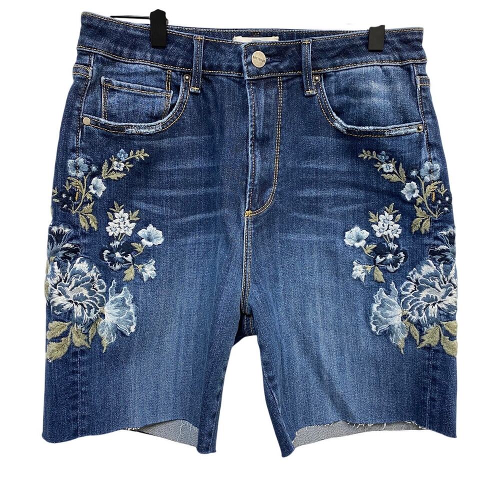 DRIFTWOOD Floral Embroidered Raw Frayed Hem Distressed Denim Bermuda Shorts 27
